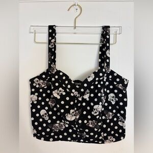 Hot Topic Crop Tank Top Womens Size L Black Skull Rose Bustier Ruched Cotton